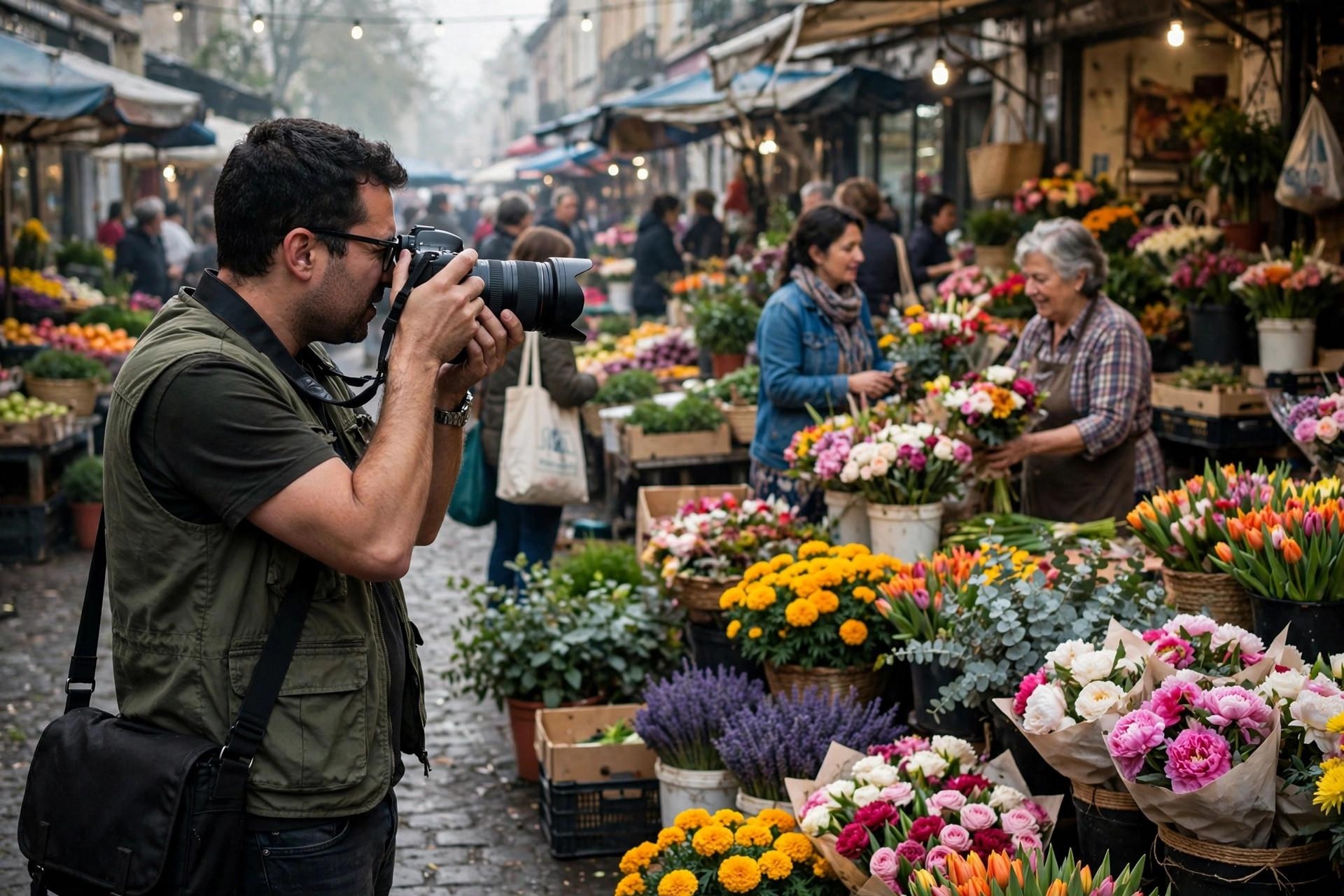 Photojournalist photographing flower vendors at a morning street market for editorial stock