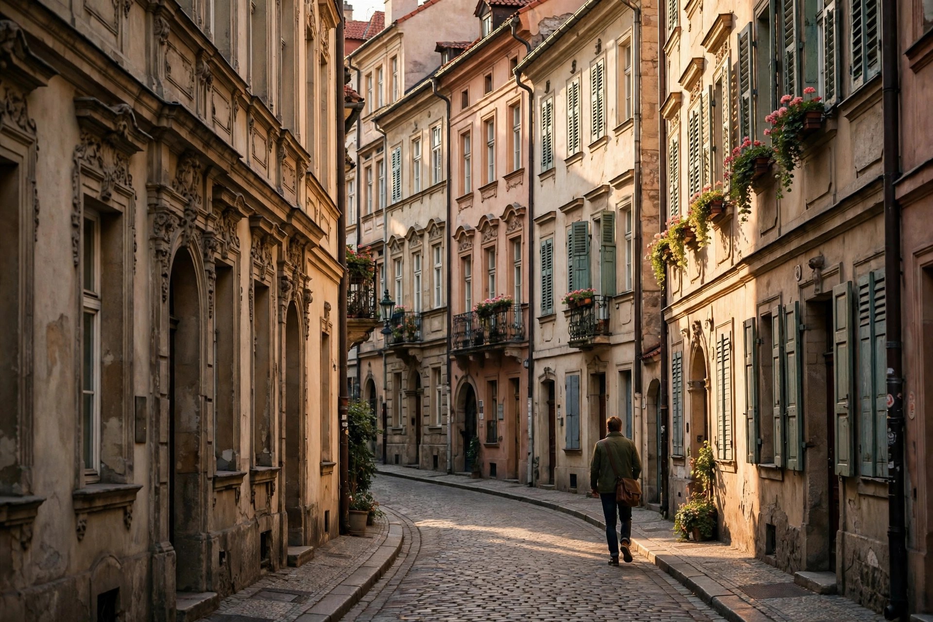 Historic street with old buildings and a passerby — a scene where property and model releases both matter