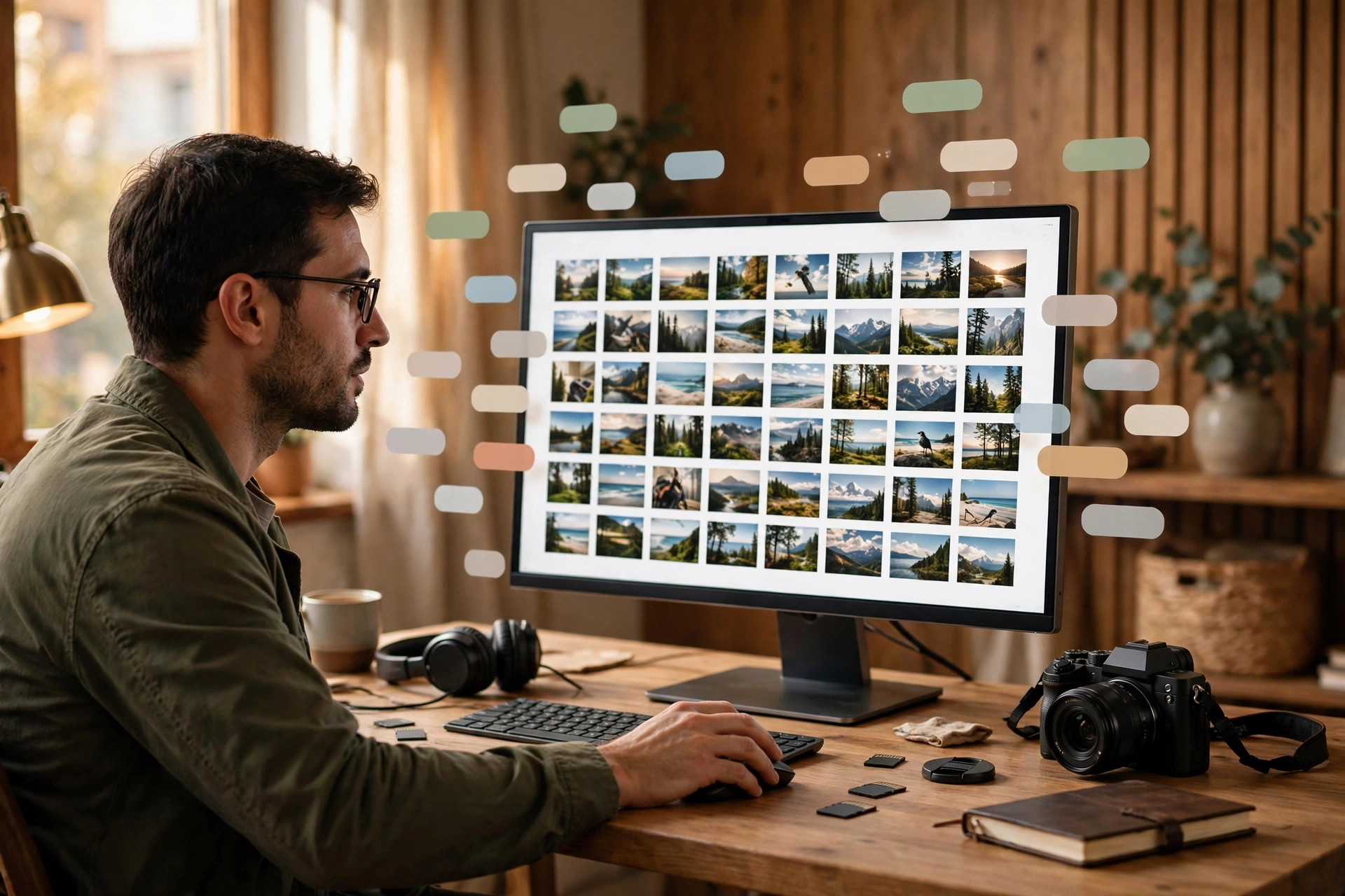 Stock photographer at a desk tagging photos on a monitor with floating keyword tags, camera on the desk