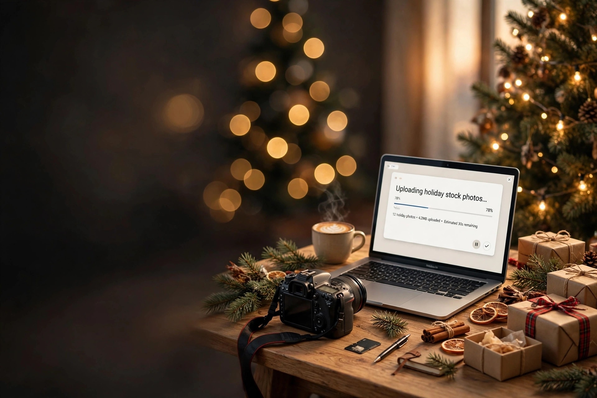 Stock photographer uploading holiday photos on a laptop beside a camera, Christmas tree and wrapped gifts in the background