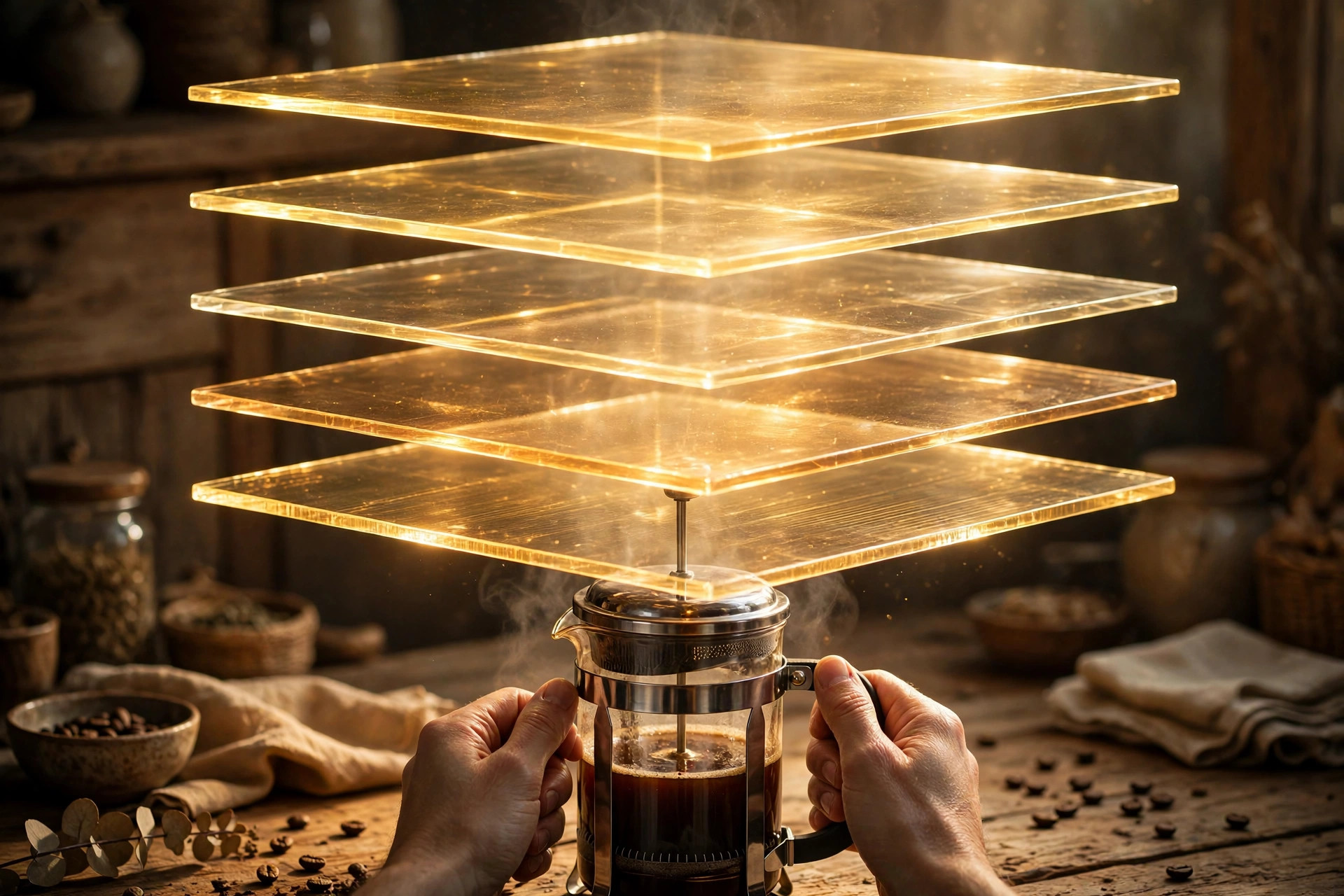 Conceptual photo of five glowing glass layers stacked over hands brewing coffee with a french press, illustrating the 5-layer keyword stack method