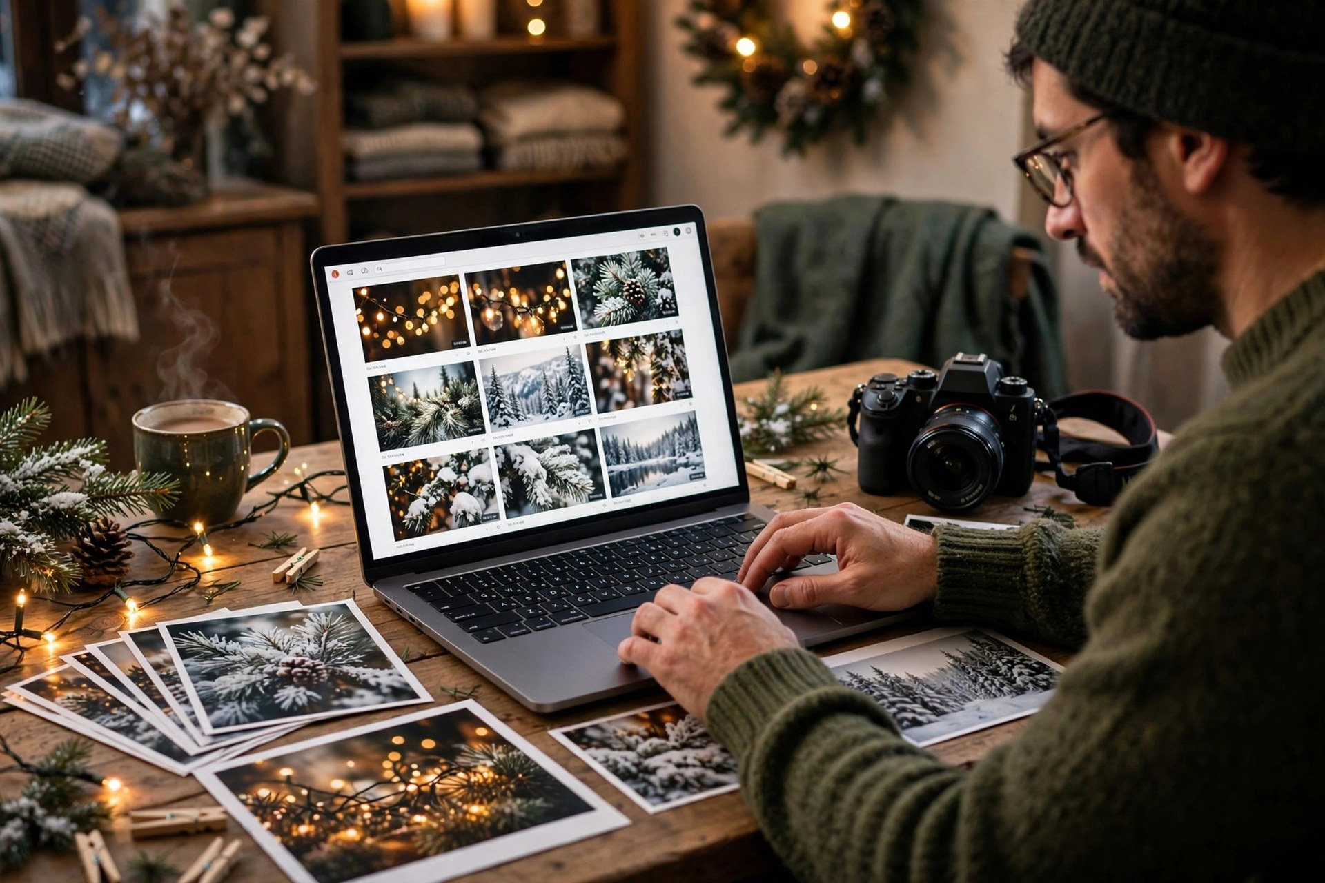Photographer batch-uploading holiday and winter stock photos in December ahead of the new year