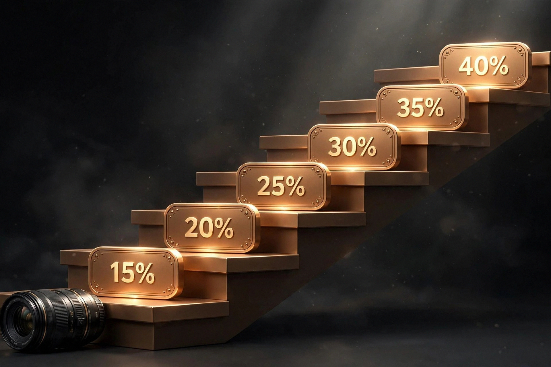 Shutterstock contributor level badges climbing from Level 1 at 15% to Level 6 at 40% royalty