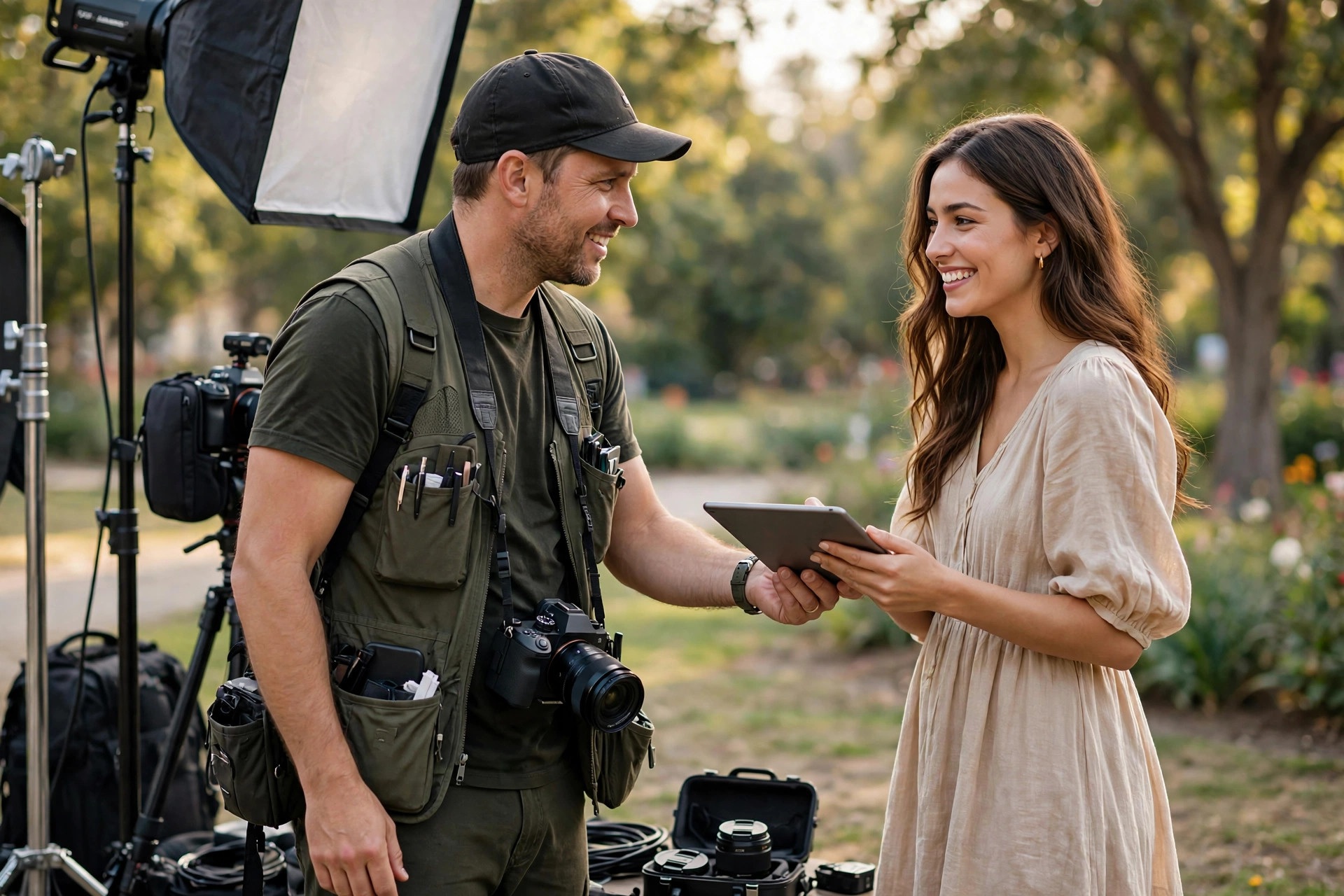 Photographer asking a model to sign a release form on a tablet at an outdoor portrait shoot