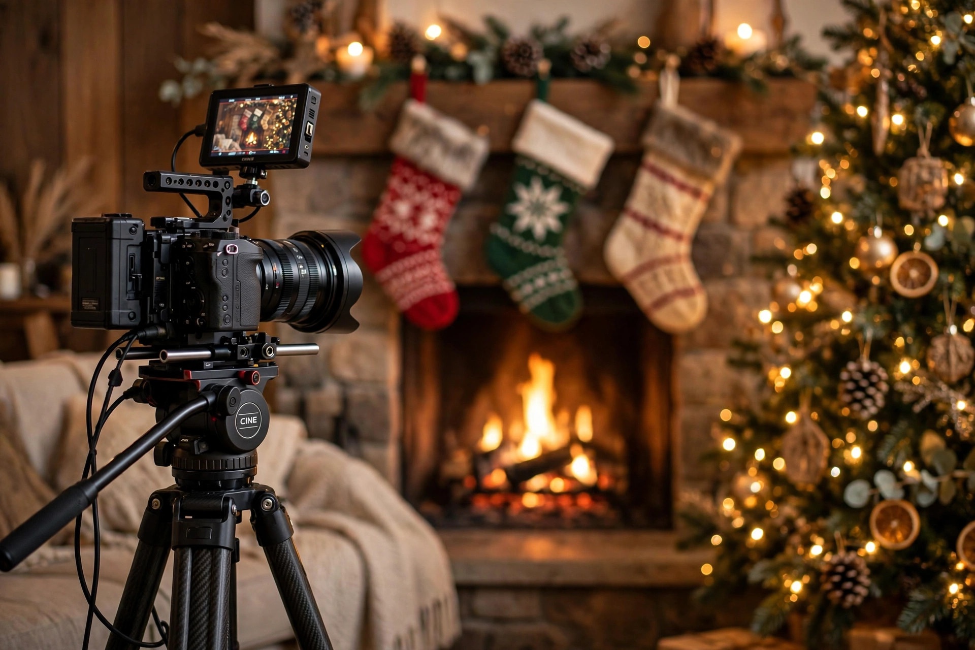 Cinema camera on a tripod filming a fireplace with Christmas stockings and a decorated tree