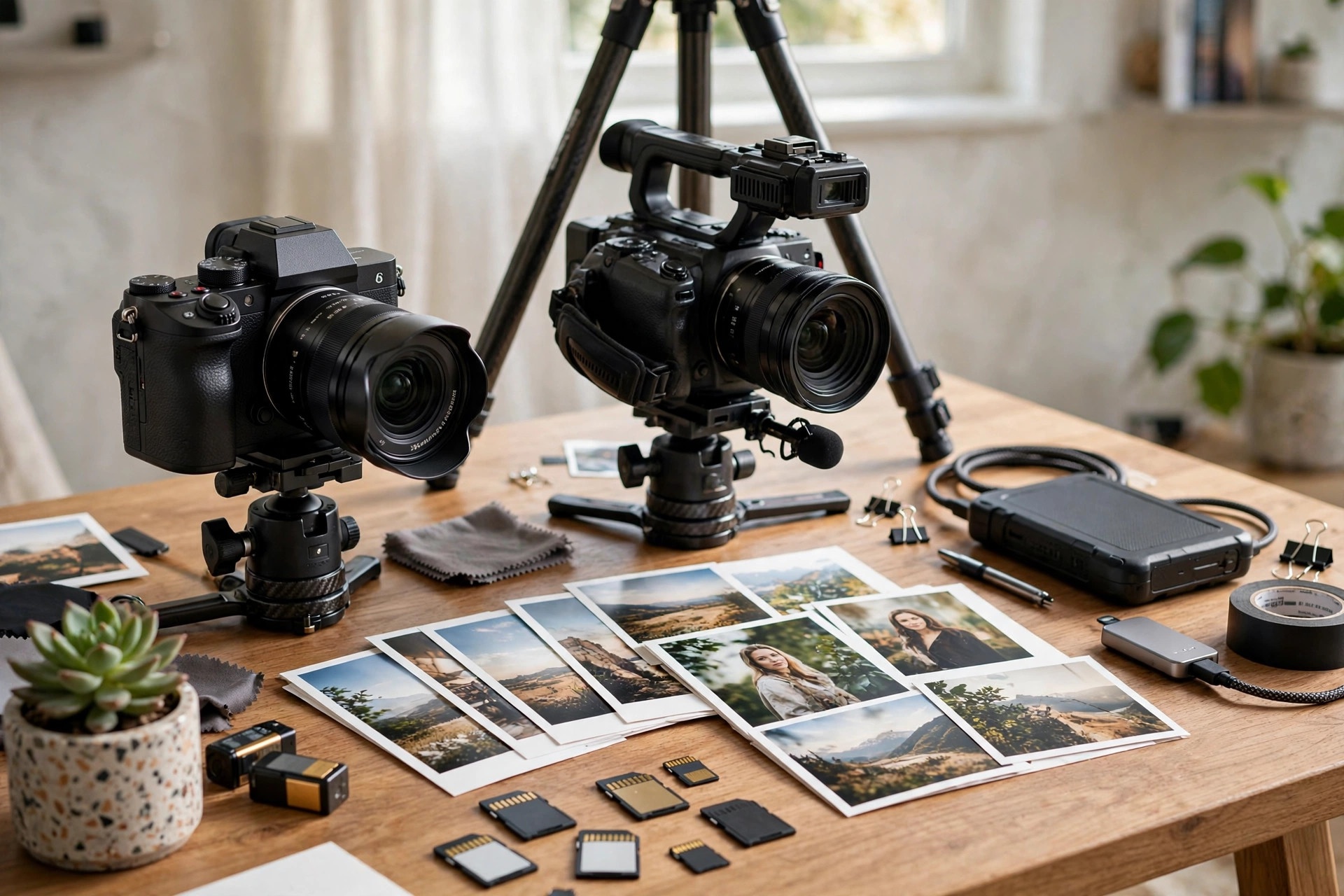 A contributor's desk with a stills camera and a video camera, printed photos and memory cards