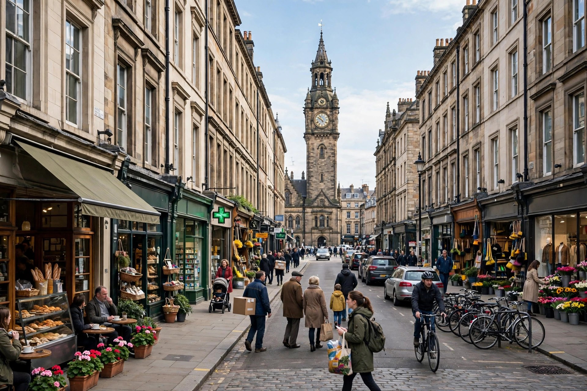 Historic city street with real storefront signage and a clock tower — real-world scenes eligible for illustrative editorial collections