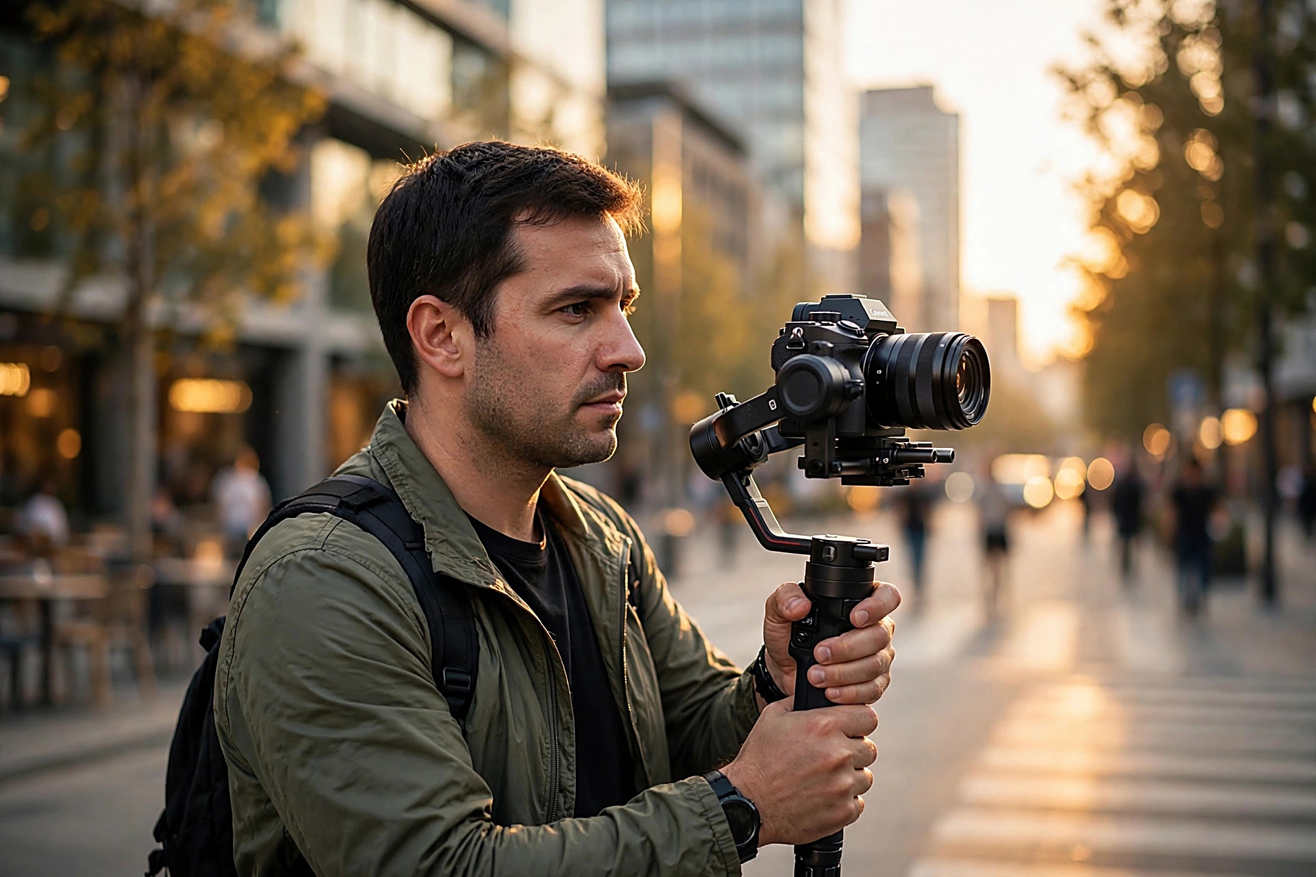 A stock contributor filming with a camera on a gimbal stabilizer on a city street at golden hour