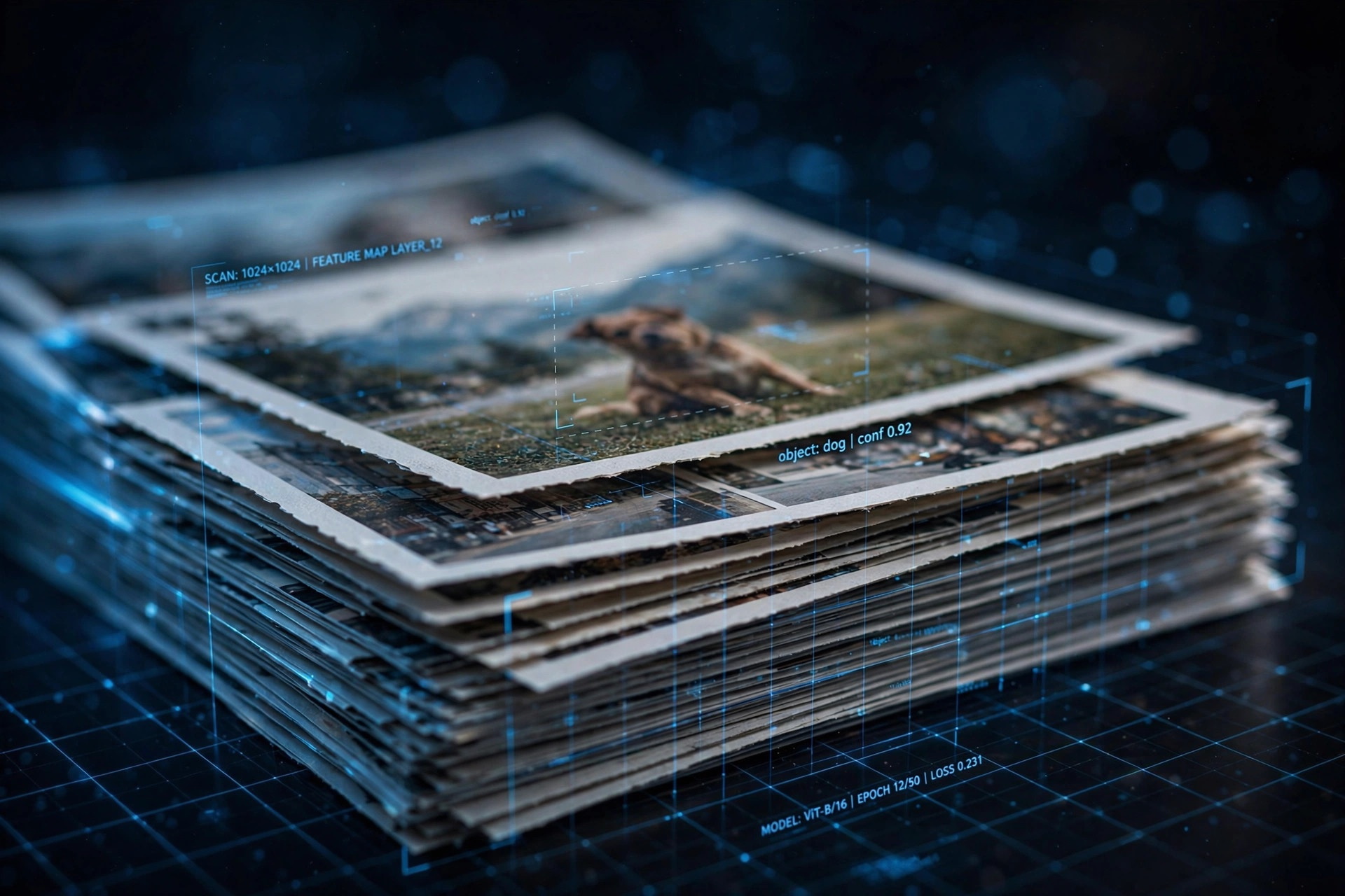 Stack of printed stock photos with scanning lines showing AI analysis during model training