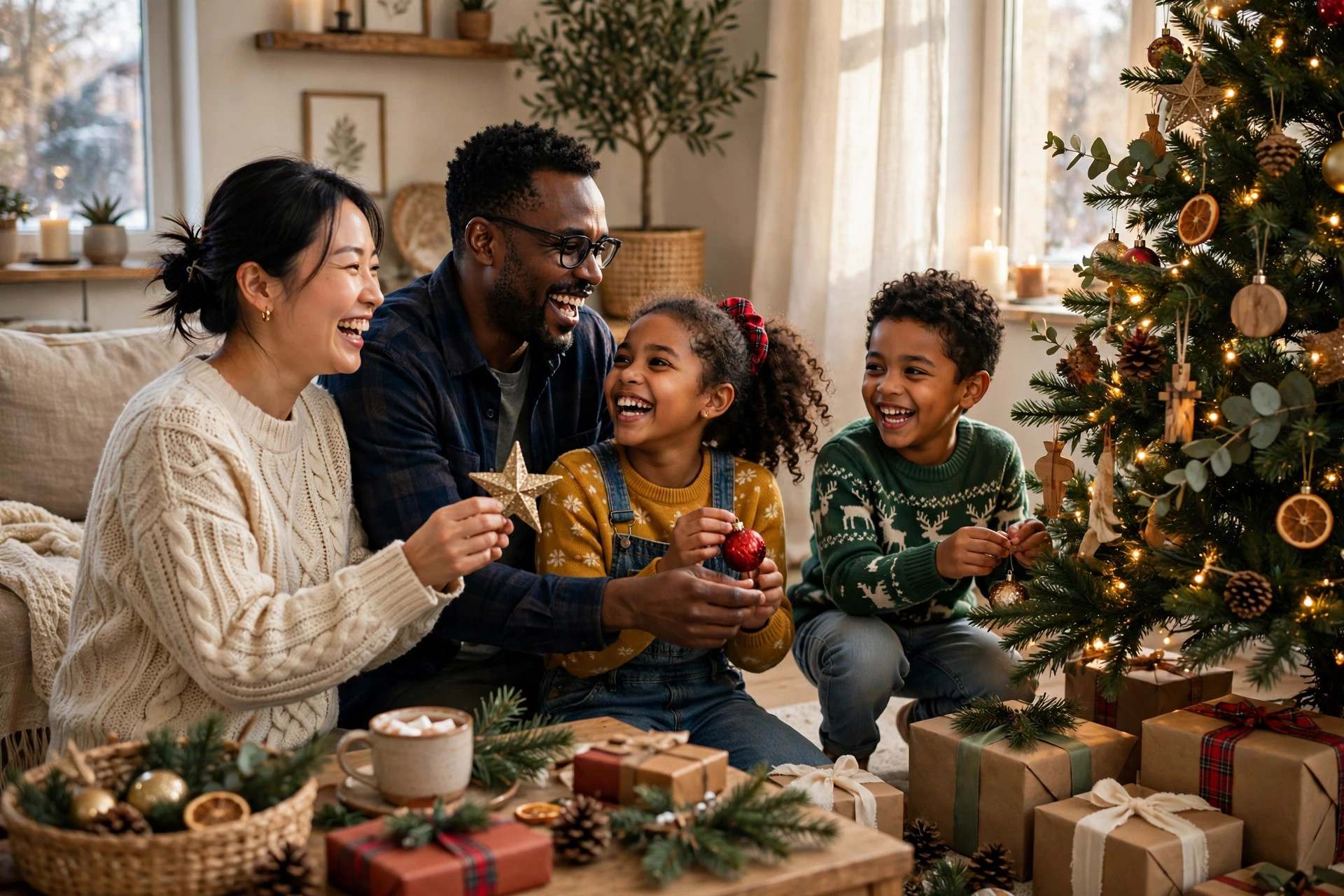 Diverse family decorating a Christmas tree together in a cozy living room