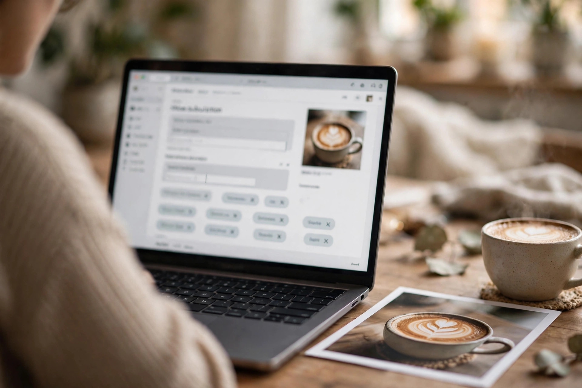 Close-up of a stock photo submission form with keyword metadata fields being filled in on a laptop
