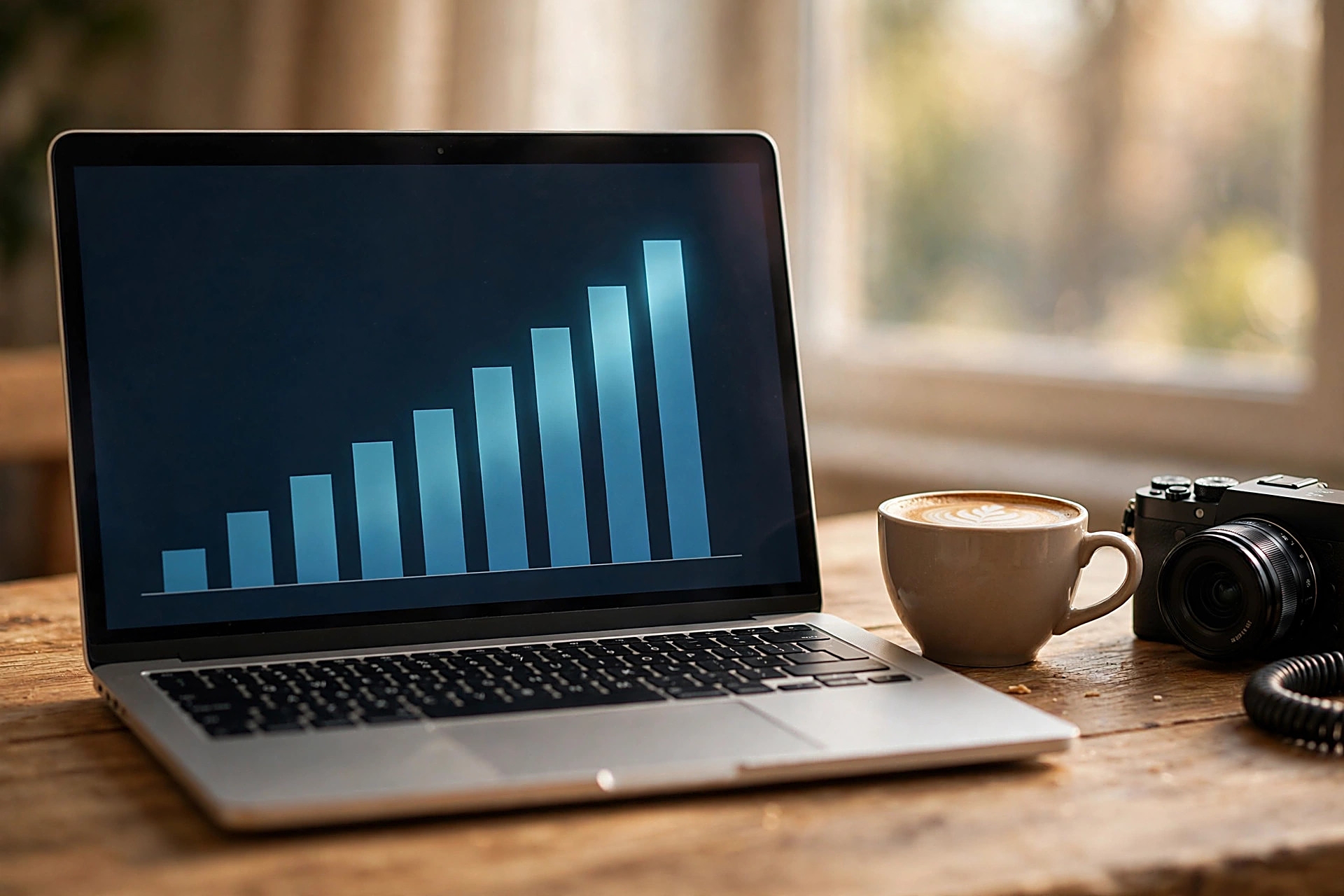 Laptop showing a rising earnings bar chart next to a camera and coffee cup