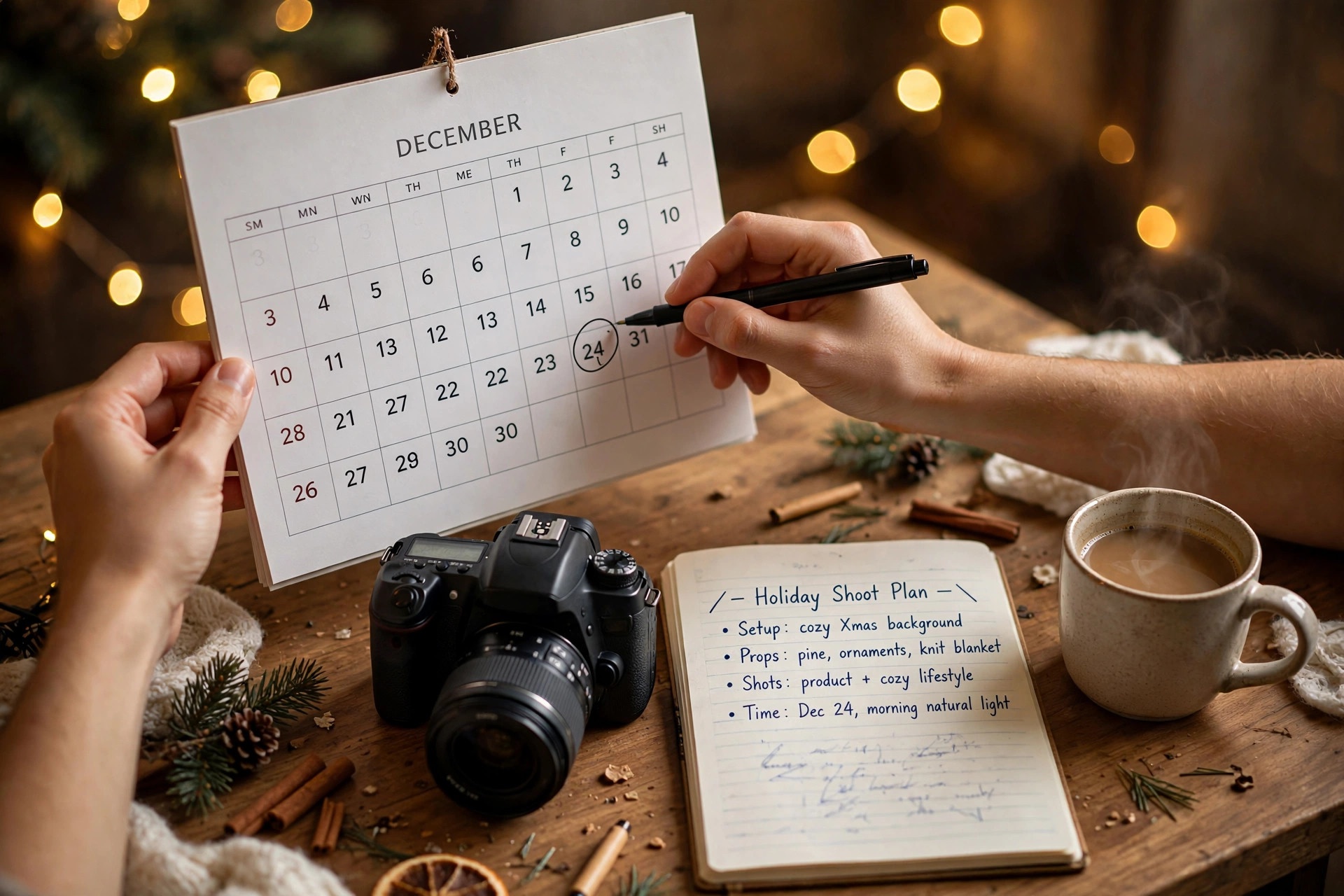 Photographer planning a holiday shoot on a December calendar with camera, notebook, and Christmas lights