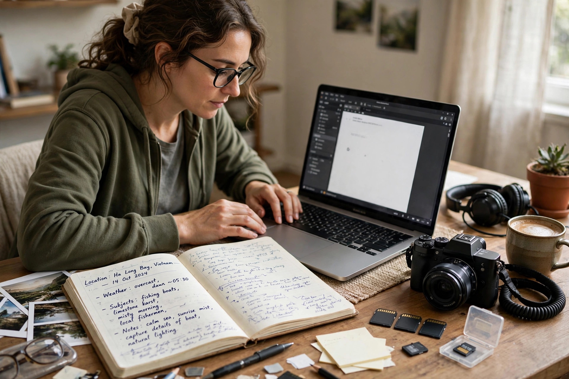 Stock contributor writing editorial photo captions with location and date notes on a desk with camera and memory cards