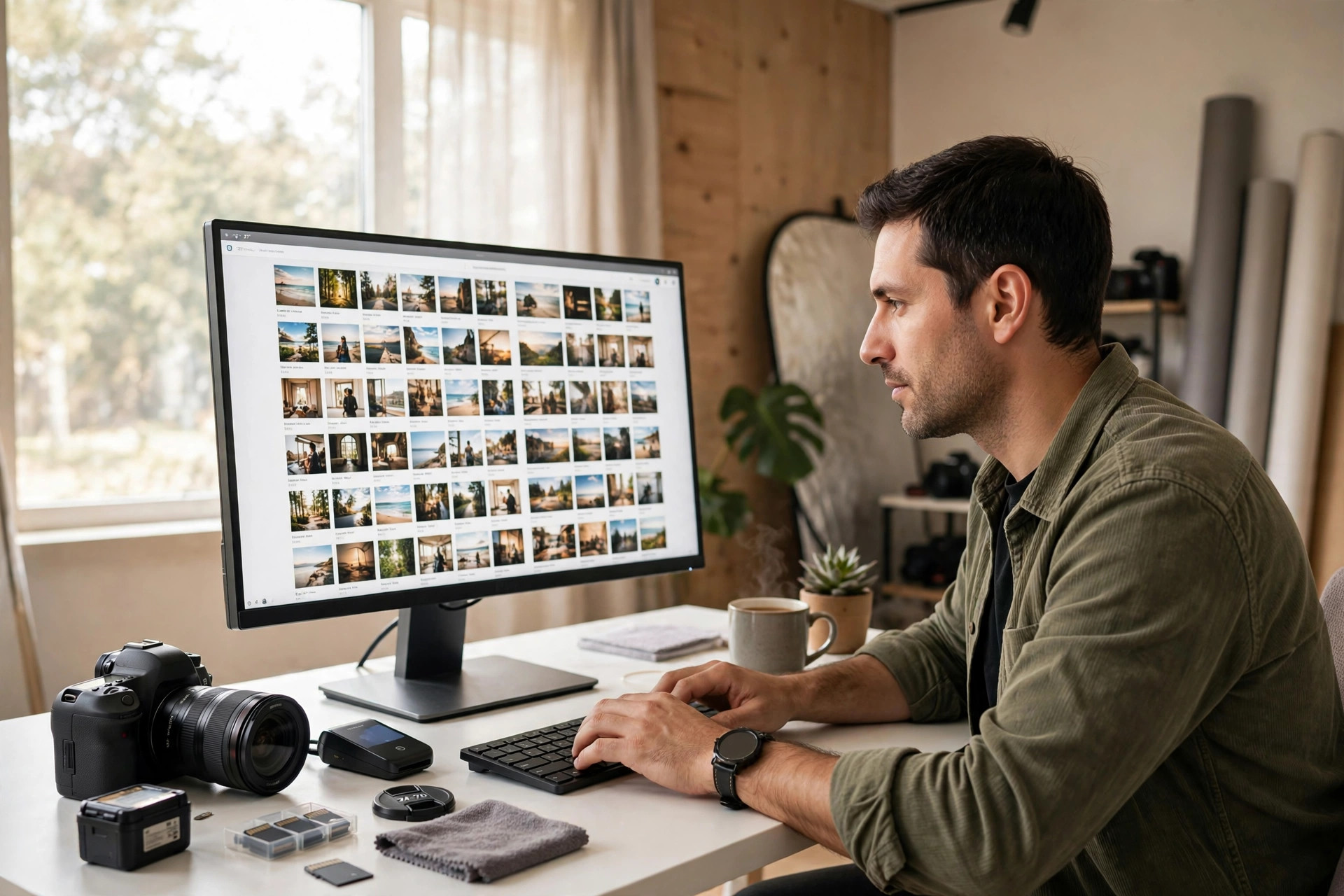 Stock photographer uploading photos comparing Adobe Stock vs Shutterstock contributor earnings on a studio monitor