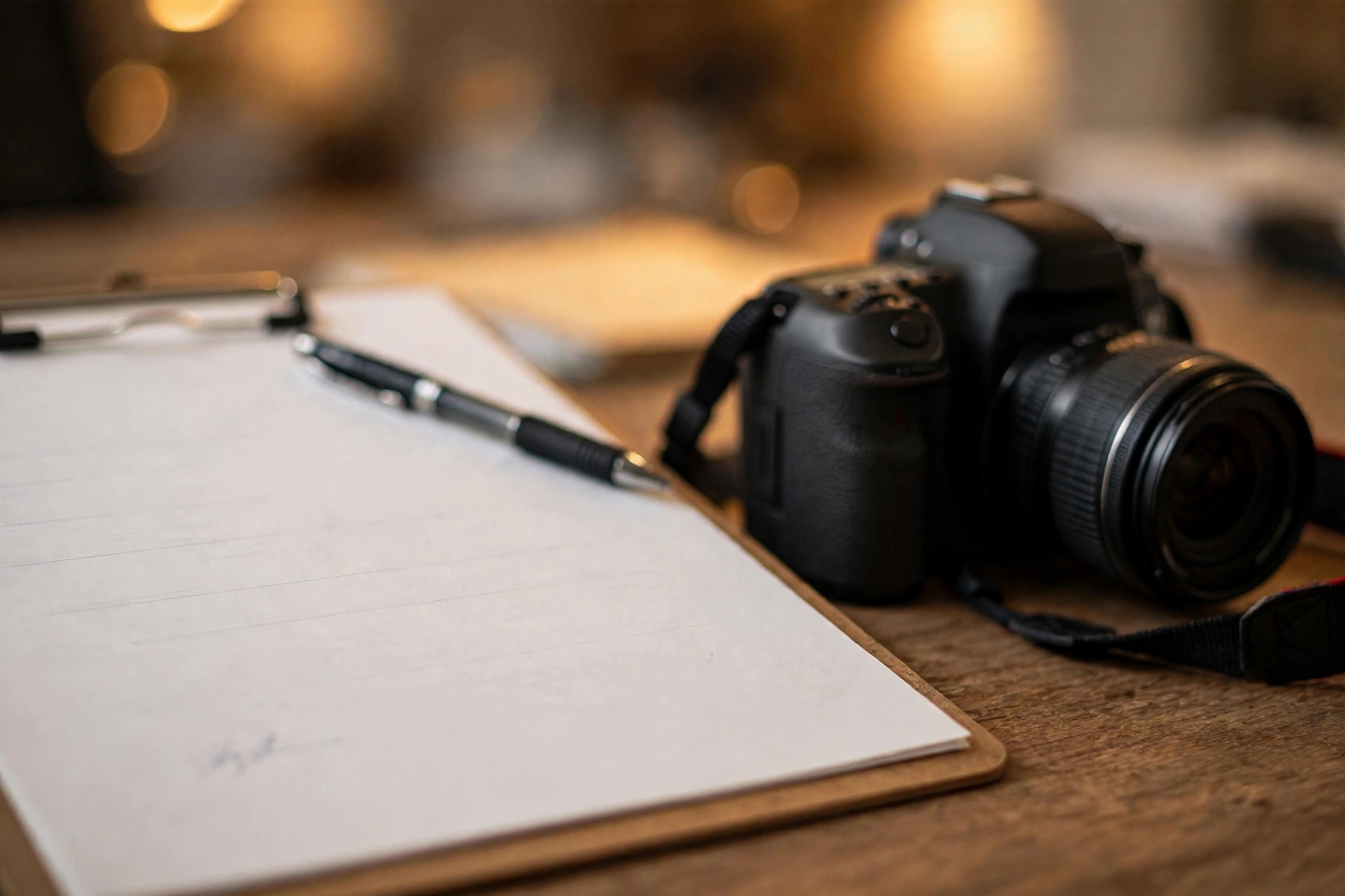 Close-up of a signed model release form with a pen resting on a clipboard next to a camera