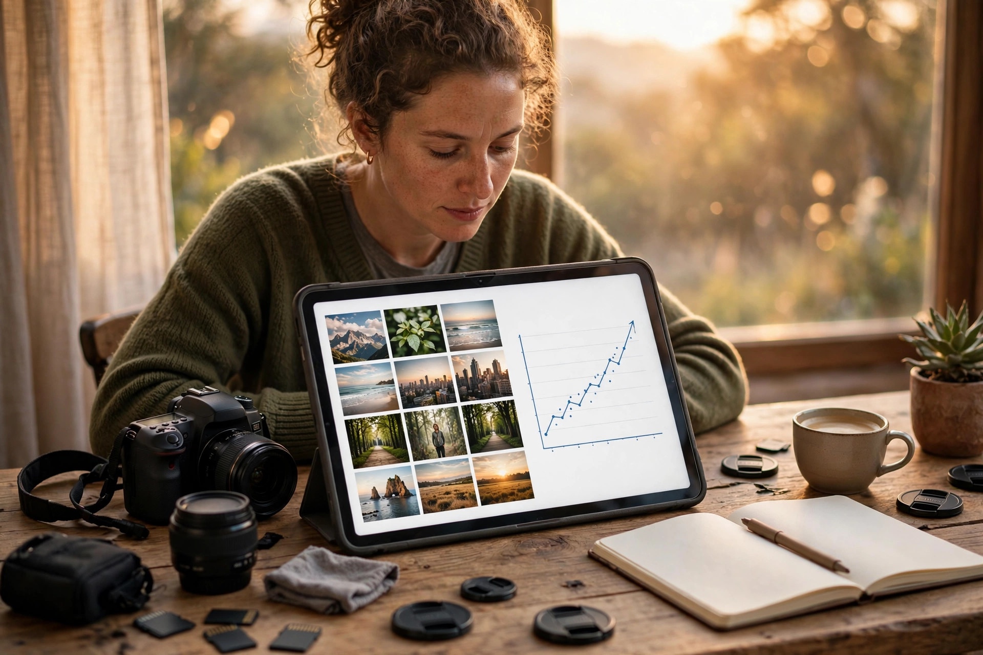 Photographer reviewing a stock photo portfolio and performance chart on a tablet